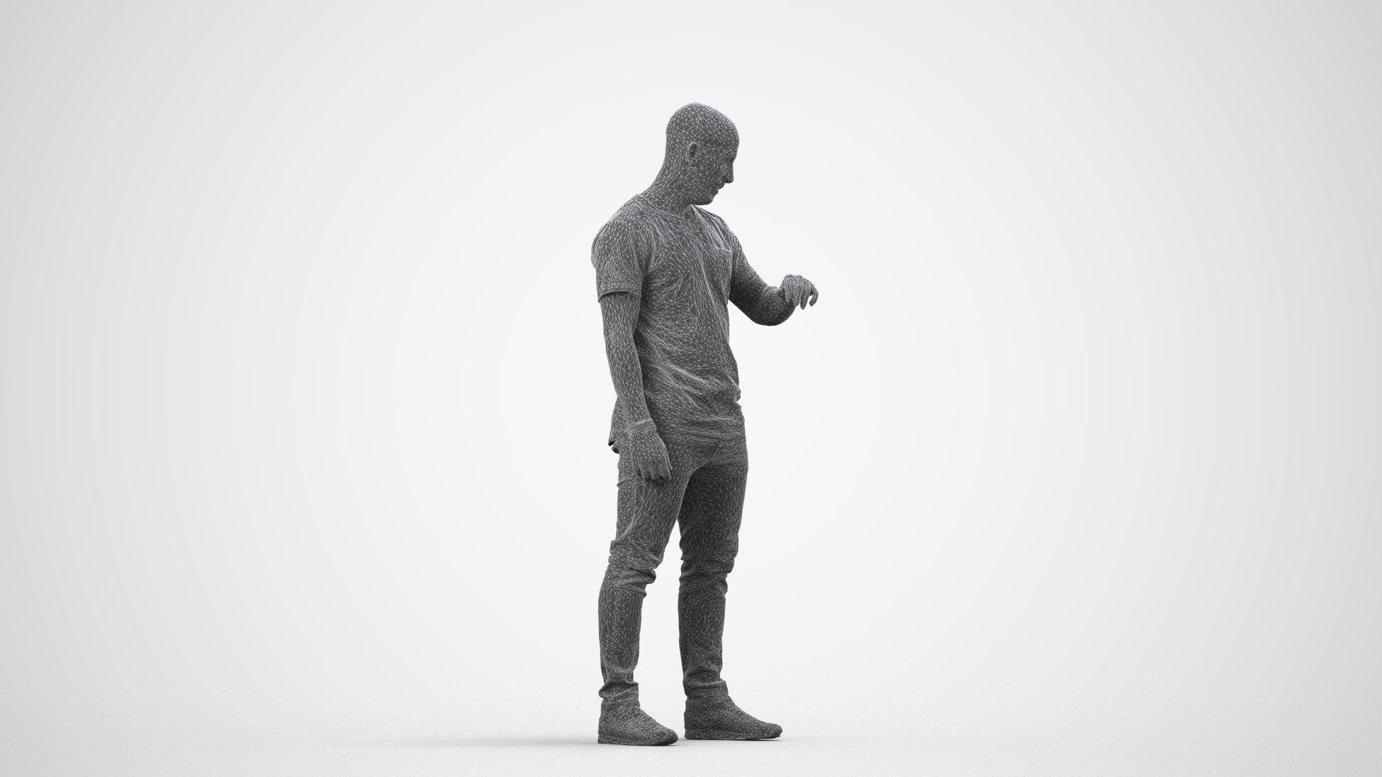 3D people model man casual standing, scanned human for 3ds Max rendering, wireframe side view