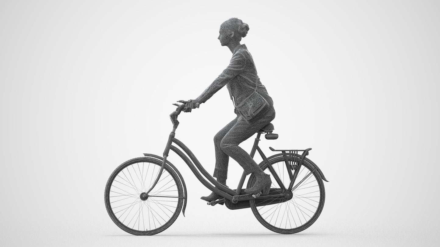 3D human model woman business cycling, photogrammetry scanned person for archviz, square thumbnail