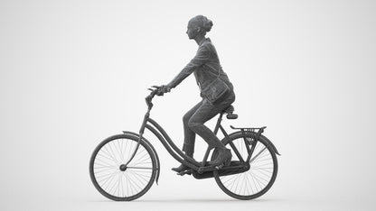 3D human model woman business cycling, photogrammetry scanned person for archviz, square thumbnail