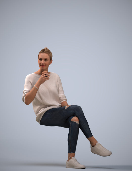 scanned 3D woman casual sitting, photogrammetry people for Enscape and V-Ray