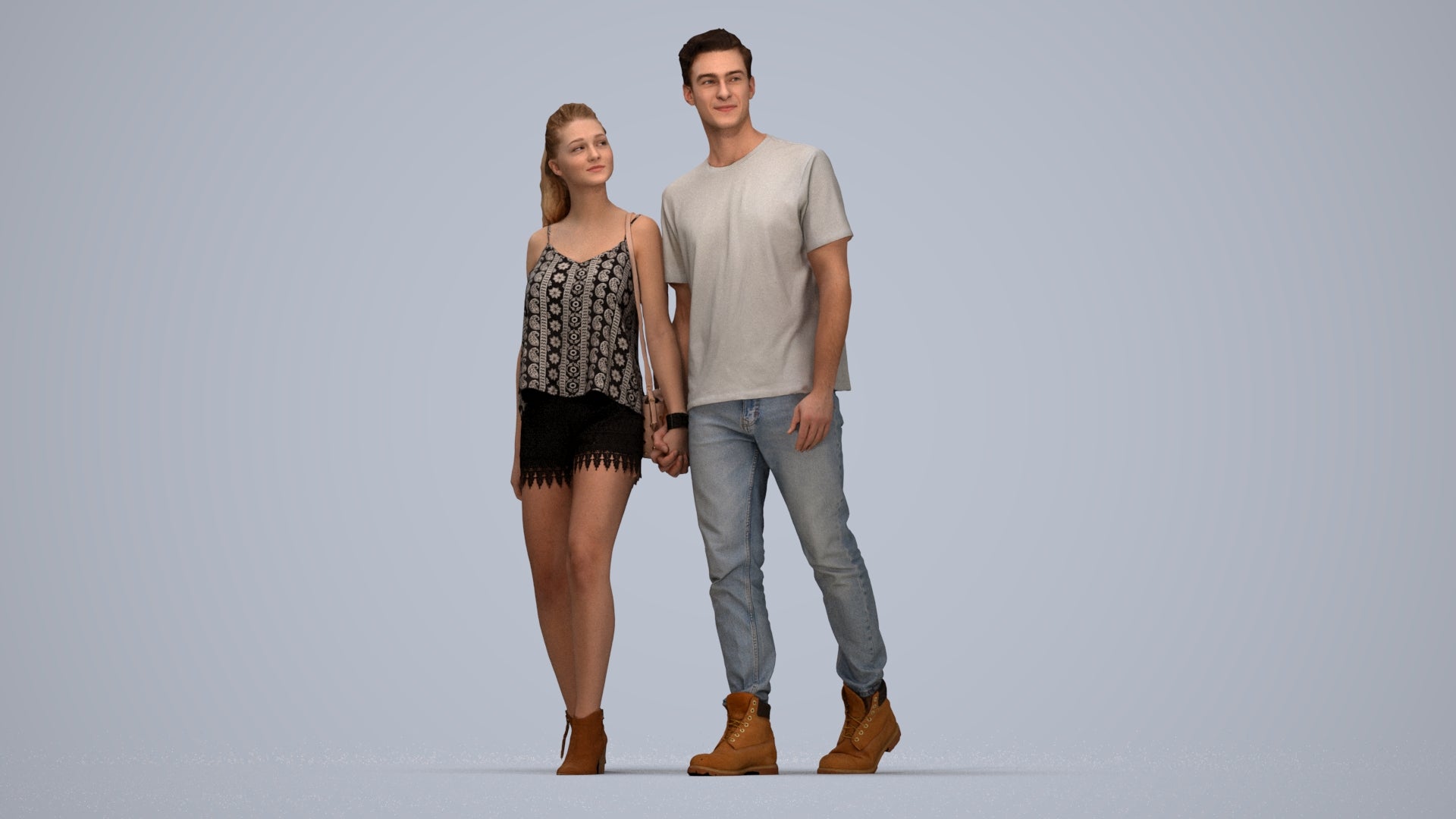 realistic 3D woman casual couple, scanned archviz people for Blender and 3ds Max, top-down view render