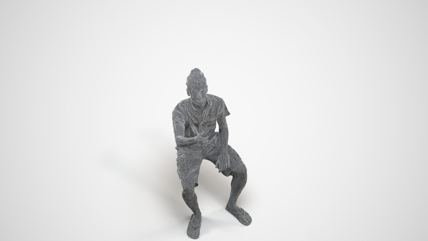 scanned 3D man casual sitting, photogrammetry people for Enscape and V-Ray, wireframe three-quarter view