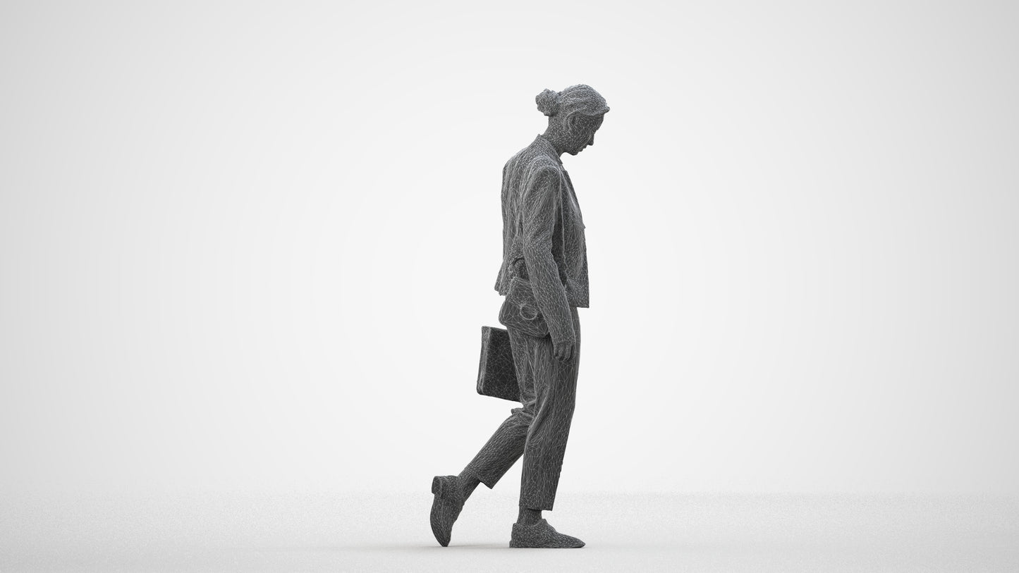 scanned 3D woman business walking, photogrammetry people for Enscape and V-Ray, wireframe side view