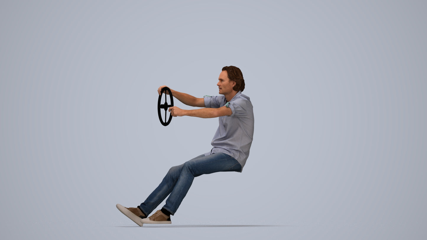 realistic 3D man casual driving, scanned archviz people for Blender and 3ds Max, top-down view render