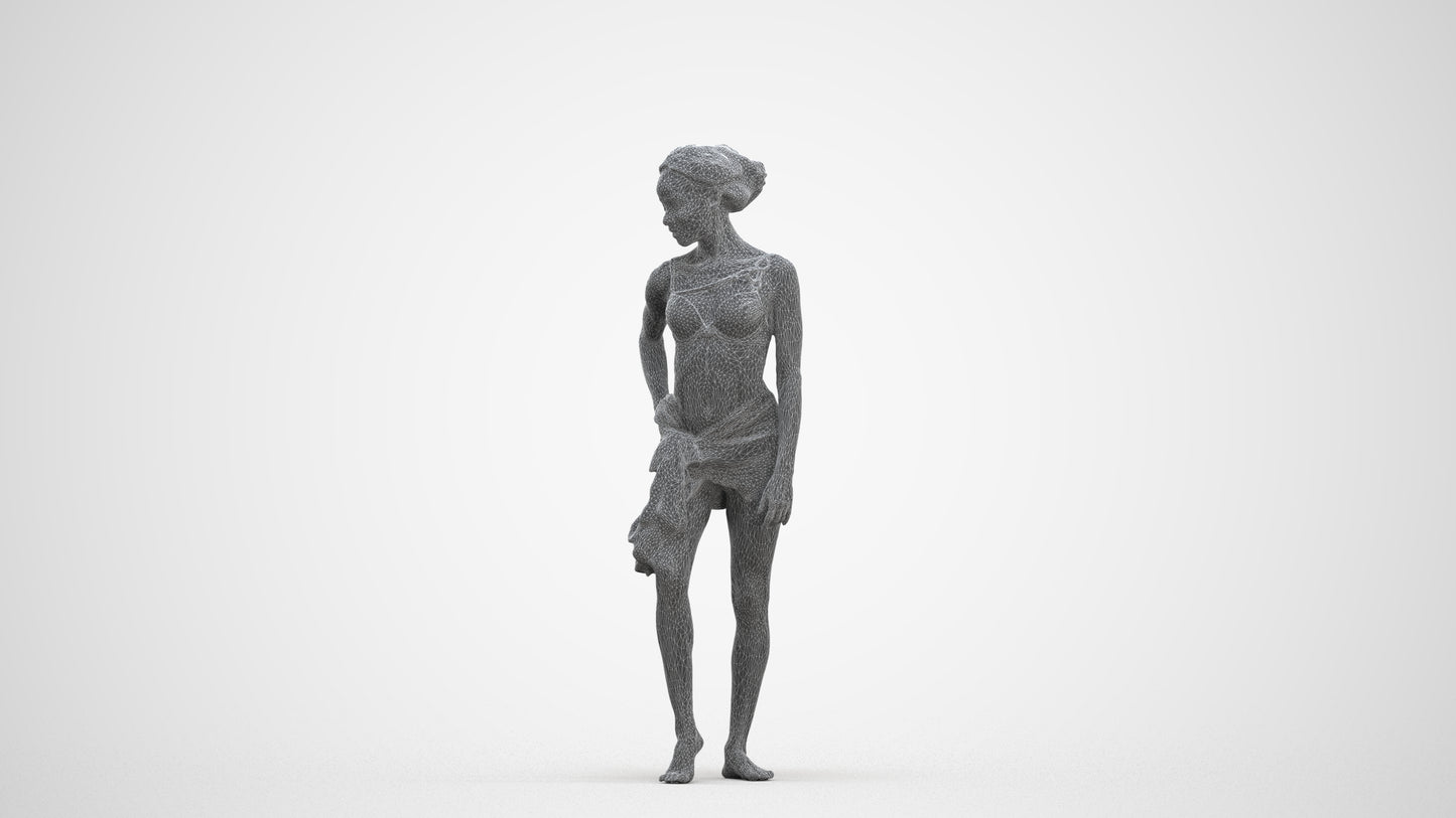 3D human model woman pool, photogrammetry scanned person for archviz, three-quarter front view render