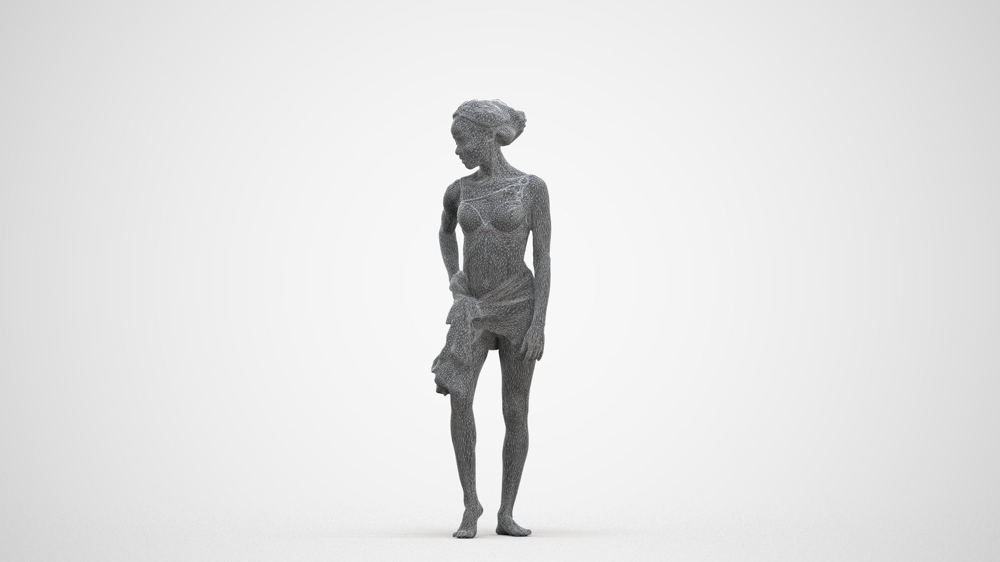 3D human model woman pool, photogrammetry scanned person for archviz, three-quarter front view render
