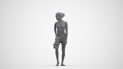 3D human model woman pool, photogrammetry scanned person for archviz, three-quarter front view render