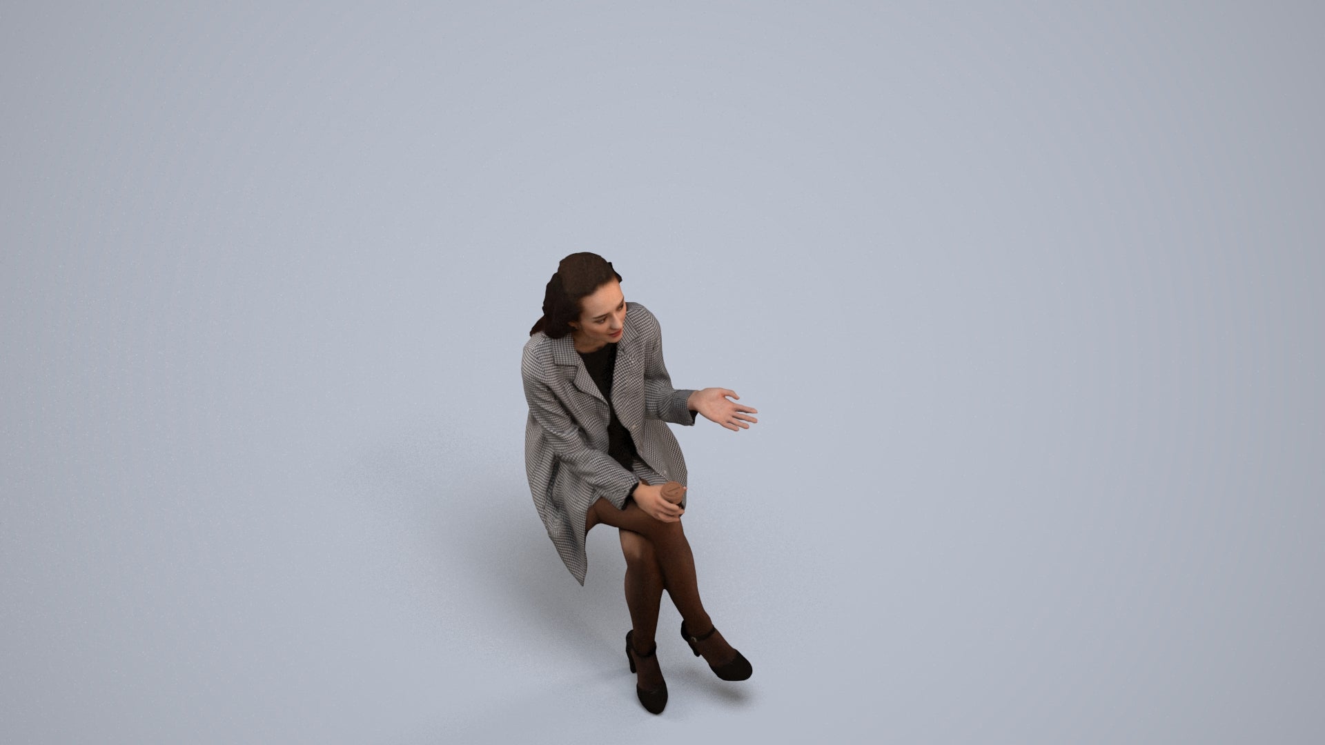 3D human model woman business sitting, photogrammetry scanned person for archviz, back view render