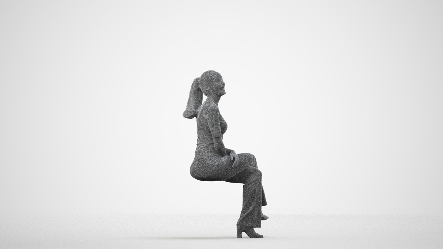 photogrammetry 3D woman casual sitting, realistic human model archviz FBX, wireframe side view