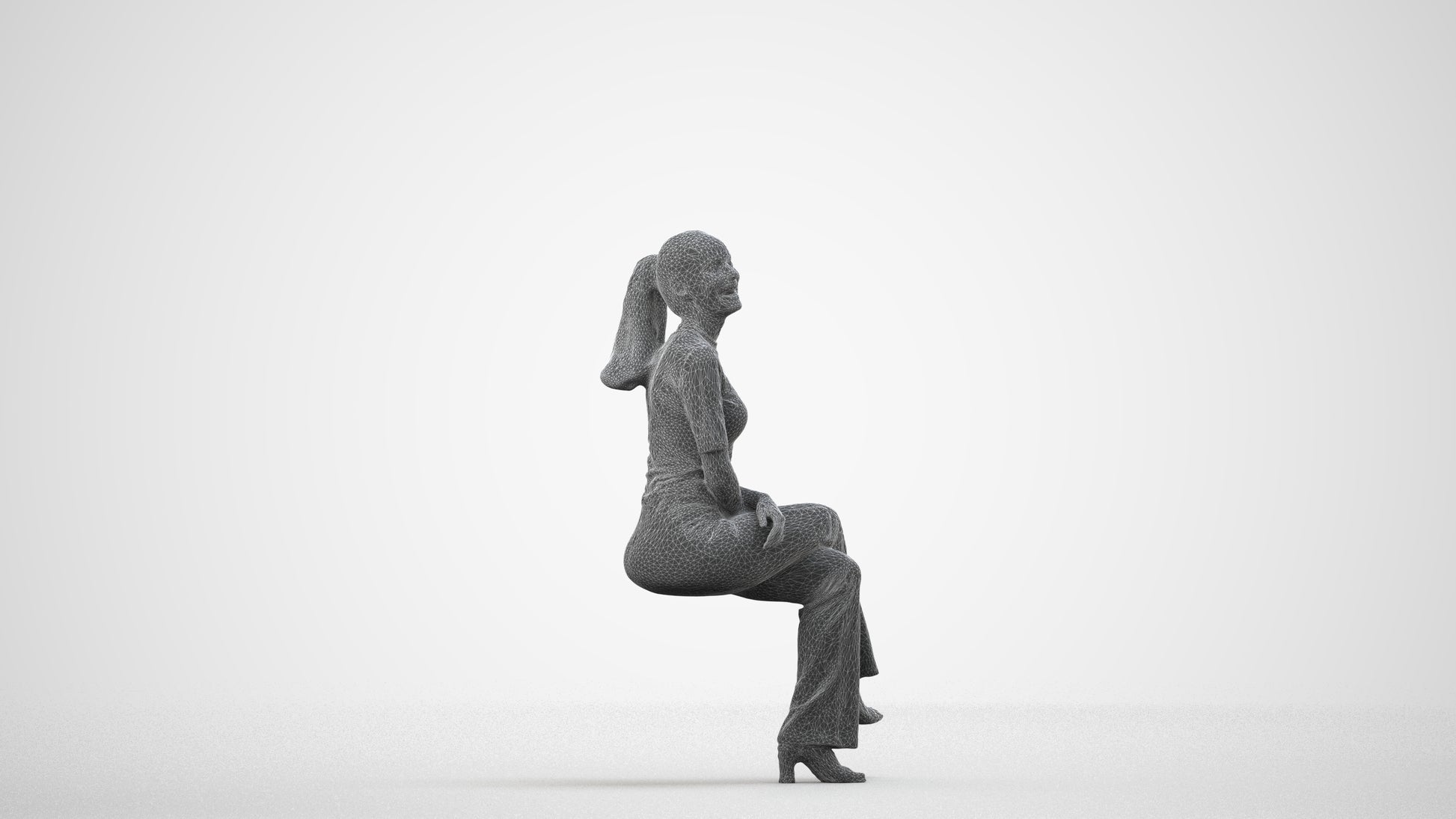 photogrammetry 3D woman casual sitting, realistic human model archviz FBX, wireframe side view