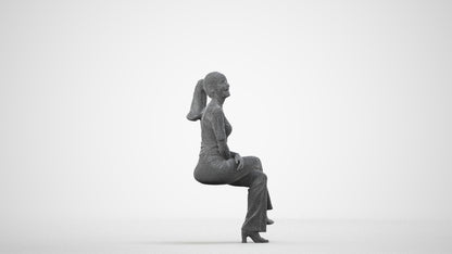 photogrammetry 3D woman casual sitting, realistic human model archviz FBX, wireframe side view