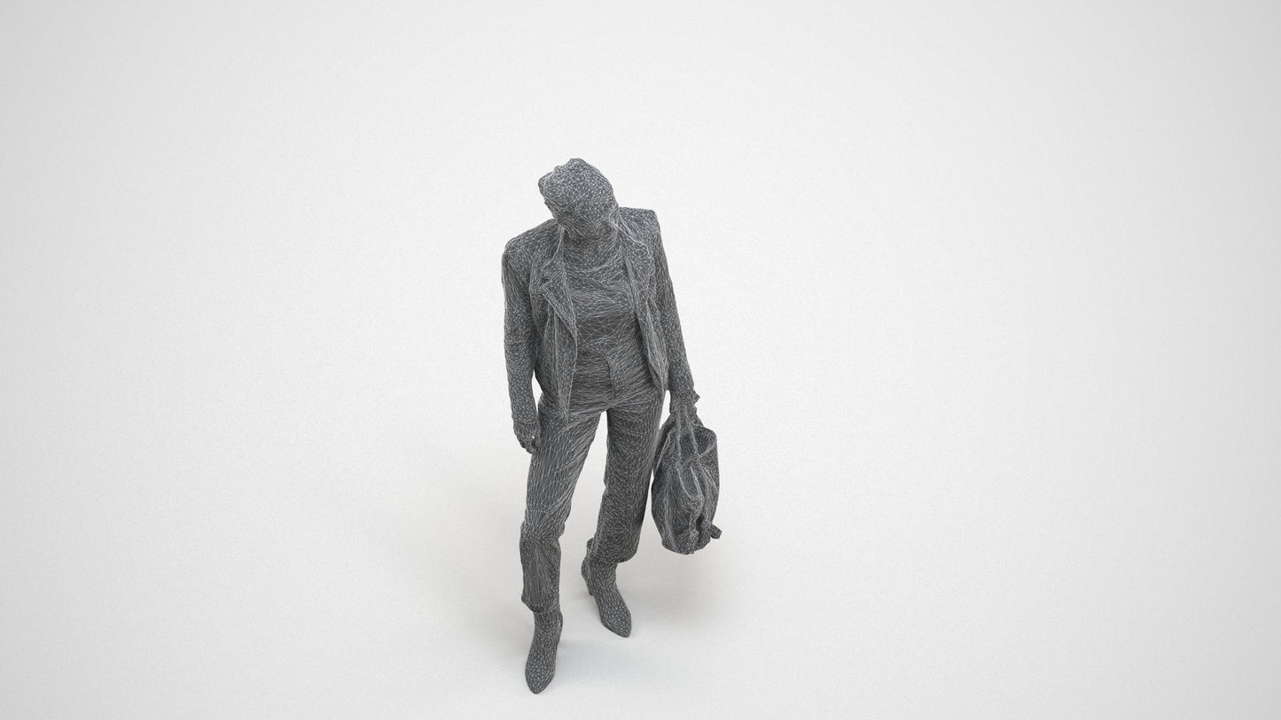 realistic 3D human woman business standing, archviz people FBX OBJ for Blender, wireframe three-quarter view