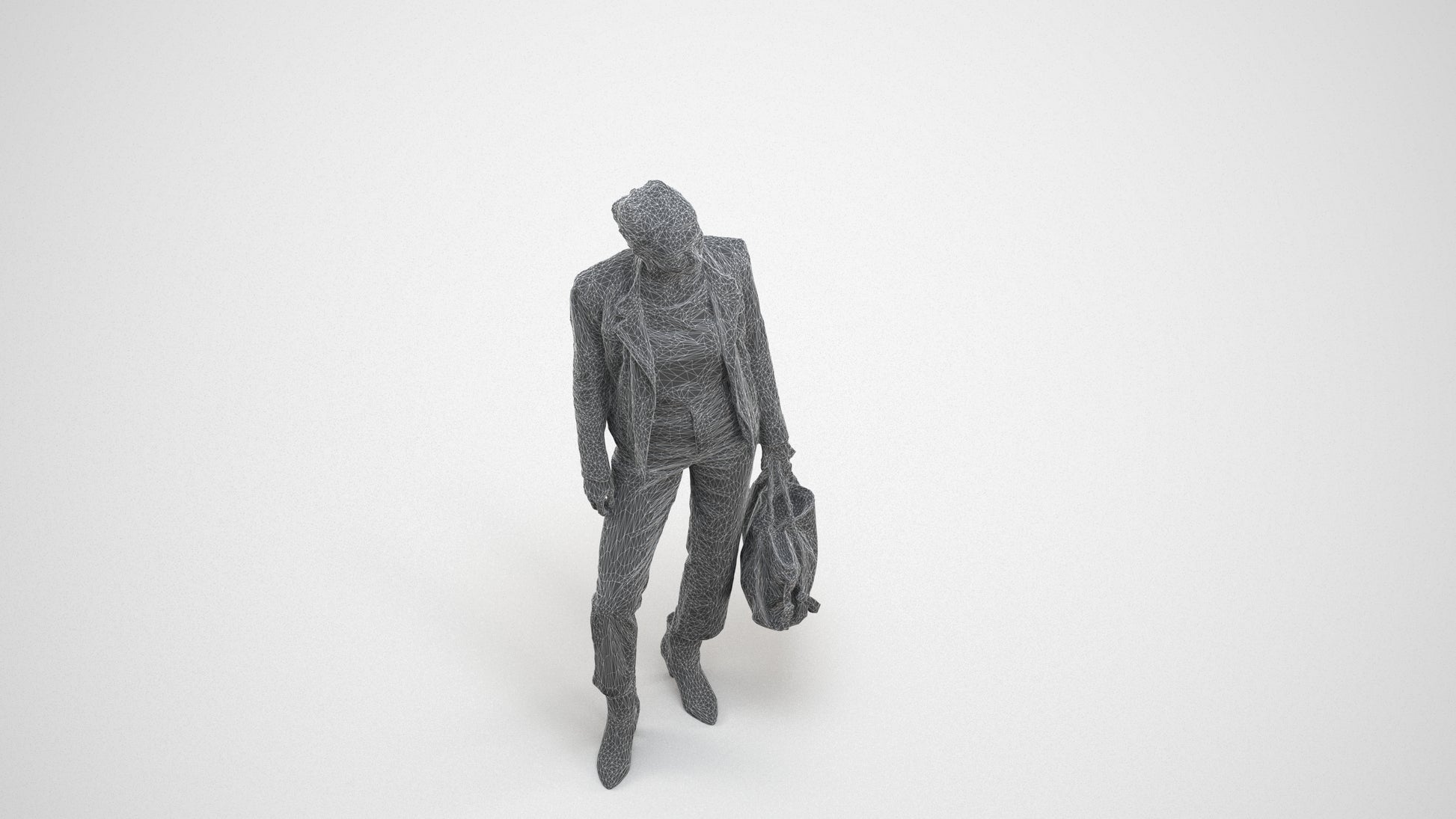 realistic 3D human woman business standing, archviz people FBX OBJ for Blender, wireframe three-quarter view