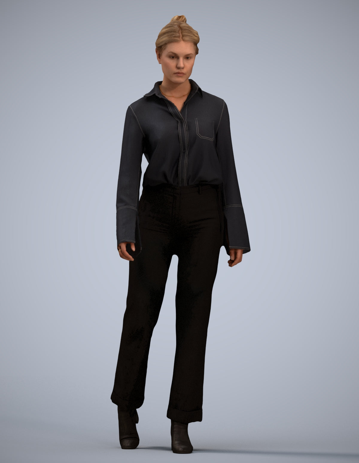 3D human model woman business walking, photogrammetry scanned person for archviz