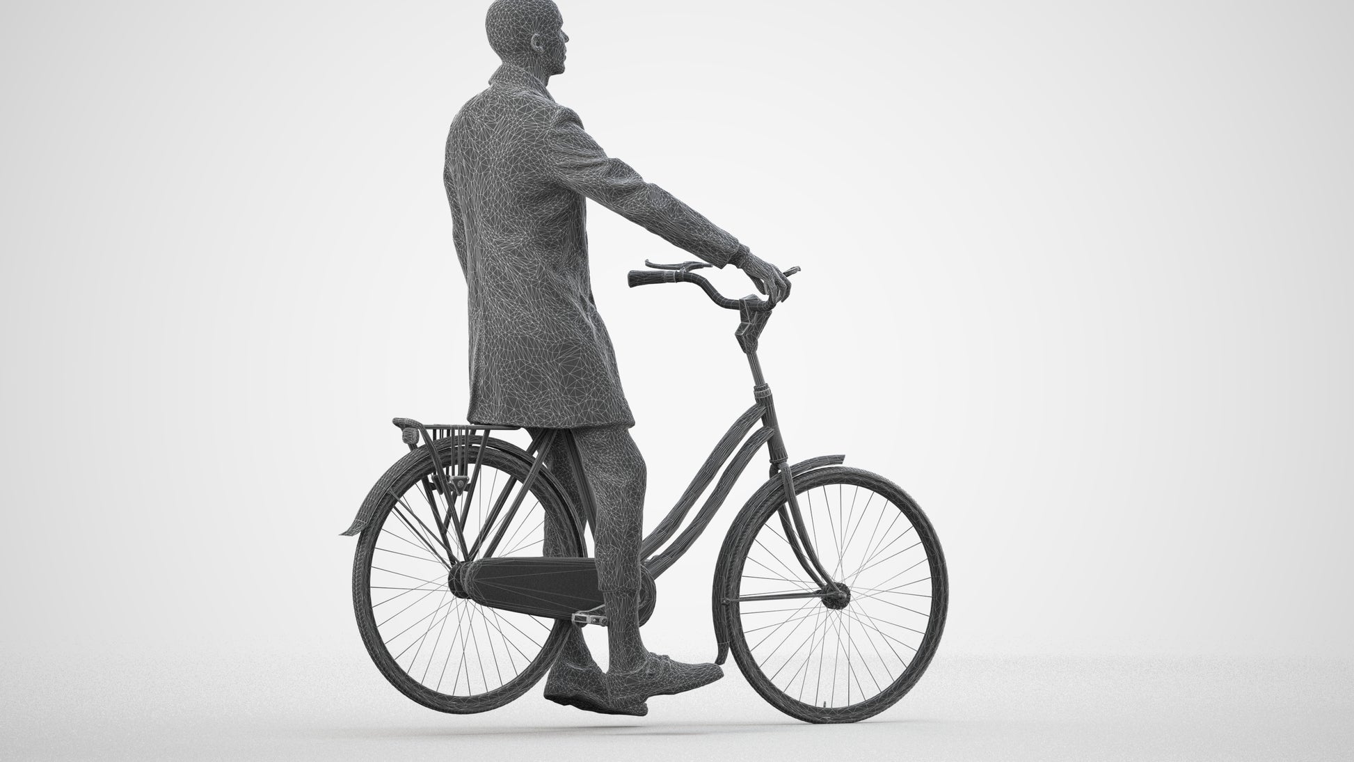3D people model man business cycling, scanned human for 3ds Max rendering, wireframe side view