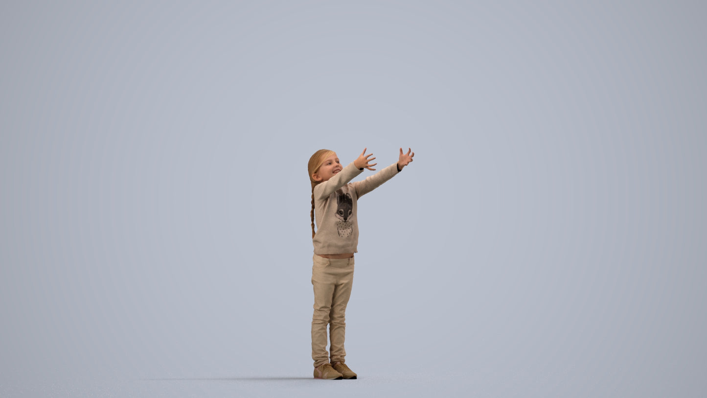 3D human model girl casual kids, photogrammetry scanned person for archviz, side view render