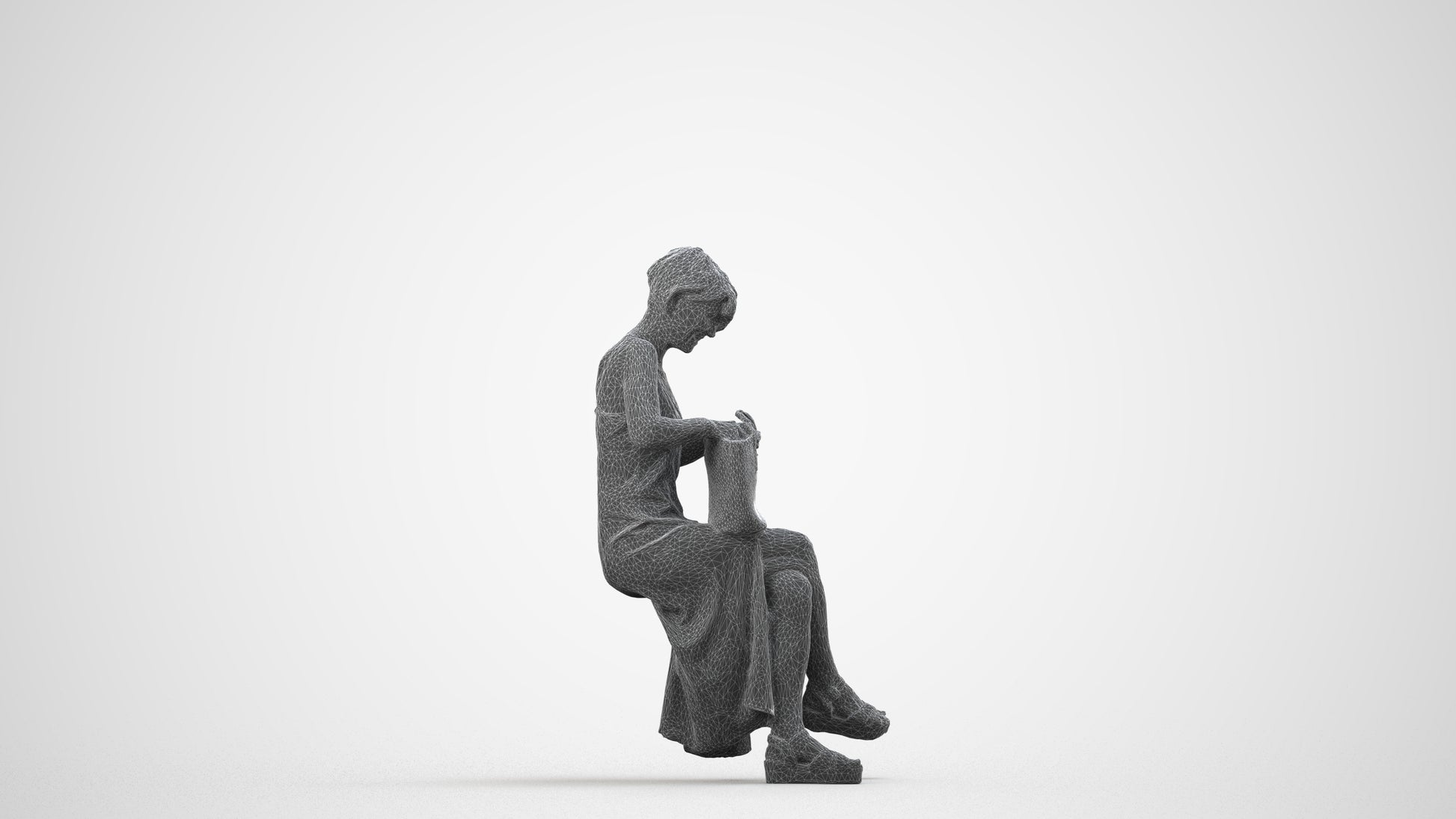 3D human model senior woman sitting, photogrammetry scanned person for archviz, wireframe side view