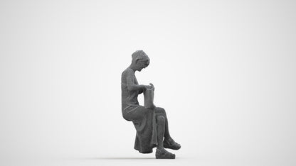 3D human model senior woman sitting, photogrammetry scanned person for archviz, wireframe side view