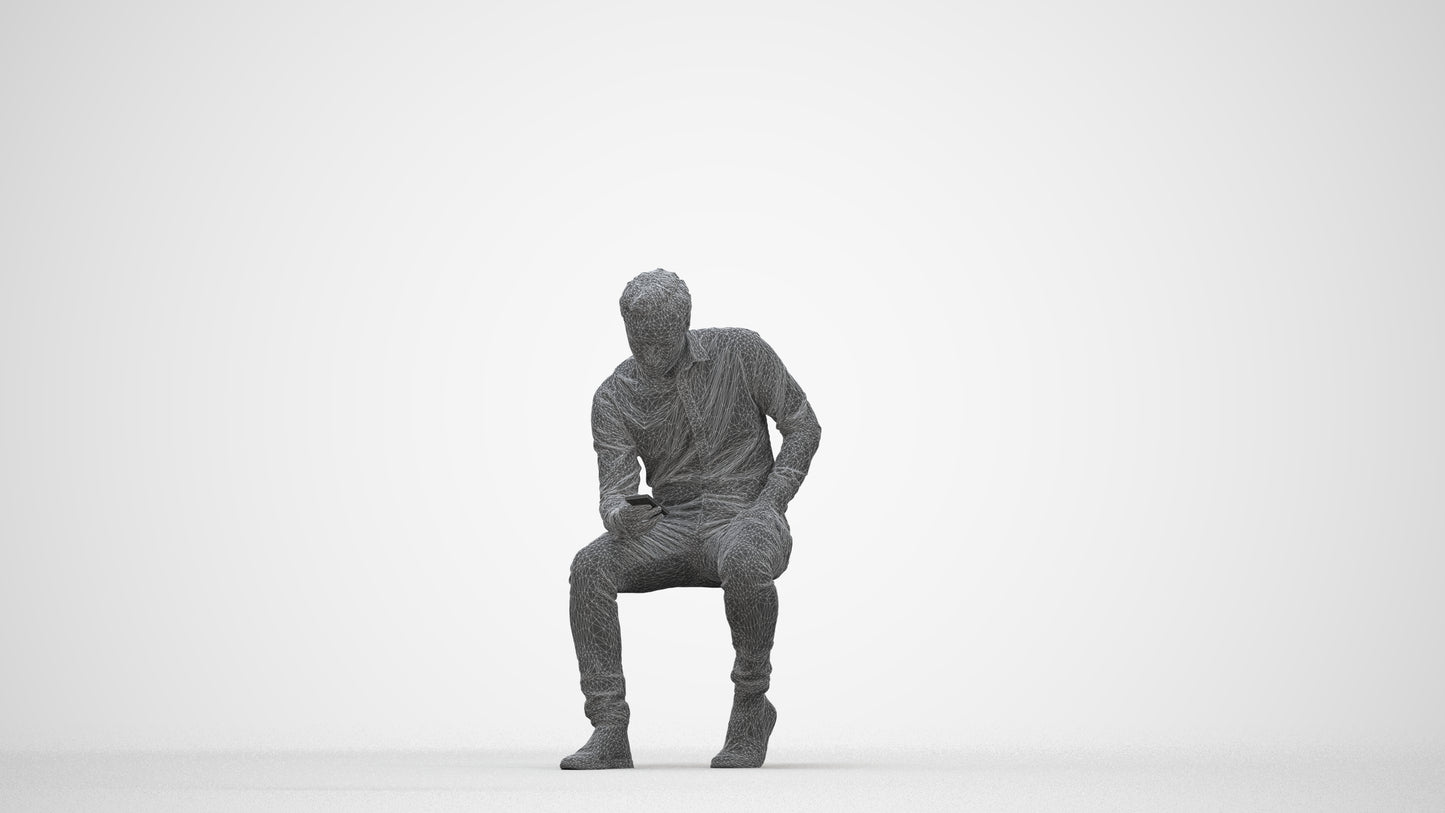 3D people model man casual sitting, scanned human for 3ds Max rendering, wireframe back view