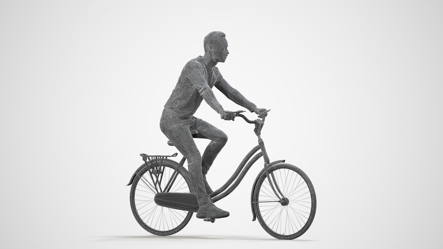 realistic 3D man casual cycling, scanned archviz people for Blender and 3ds Max, wireframe side view