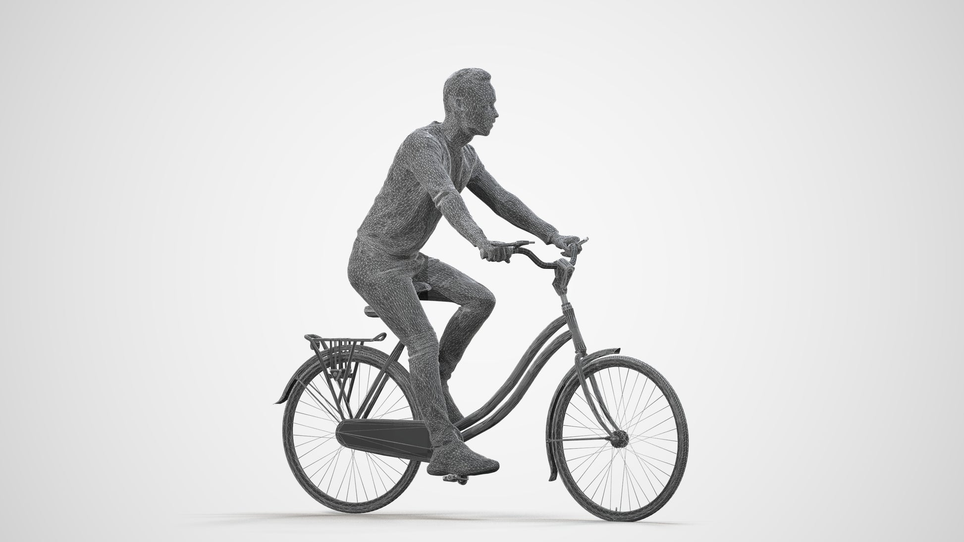 realistic 3D man casual cycling, scanned archviz people for Blender and 3ds Max, wireframe side view