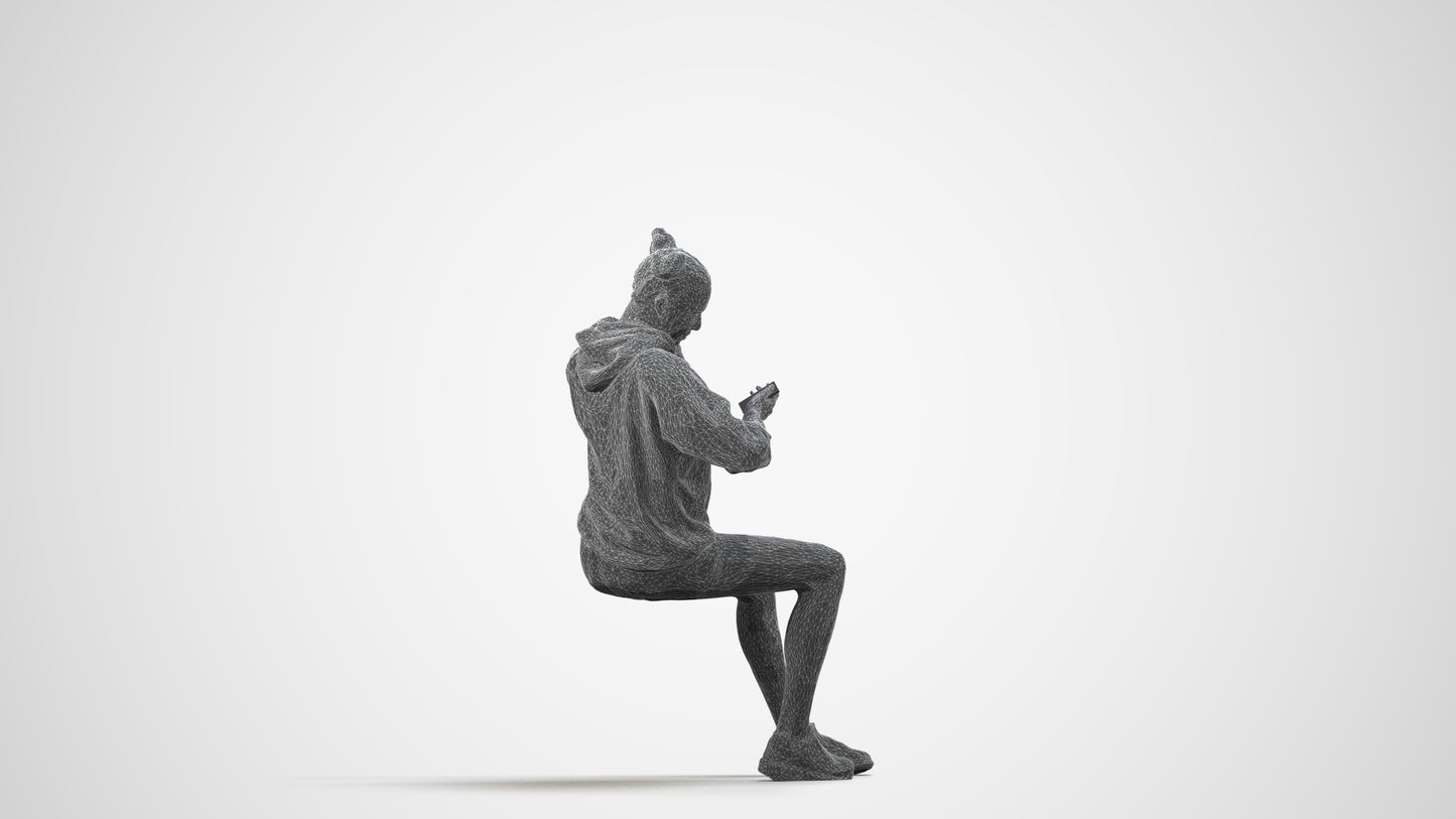 realistic 3D human woman casual sitting, archviz people FBX OBJ for Blender, wireframe side view