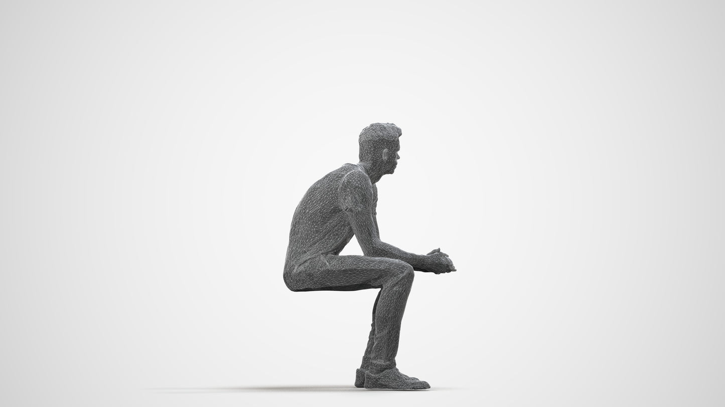 realistic 3D man casual sitting, scanned archviz people for Blender and 3ds Max, wireframe side view