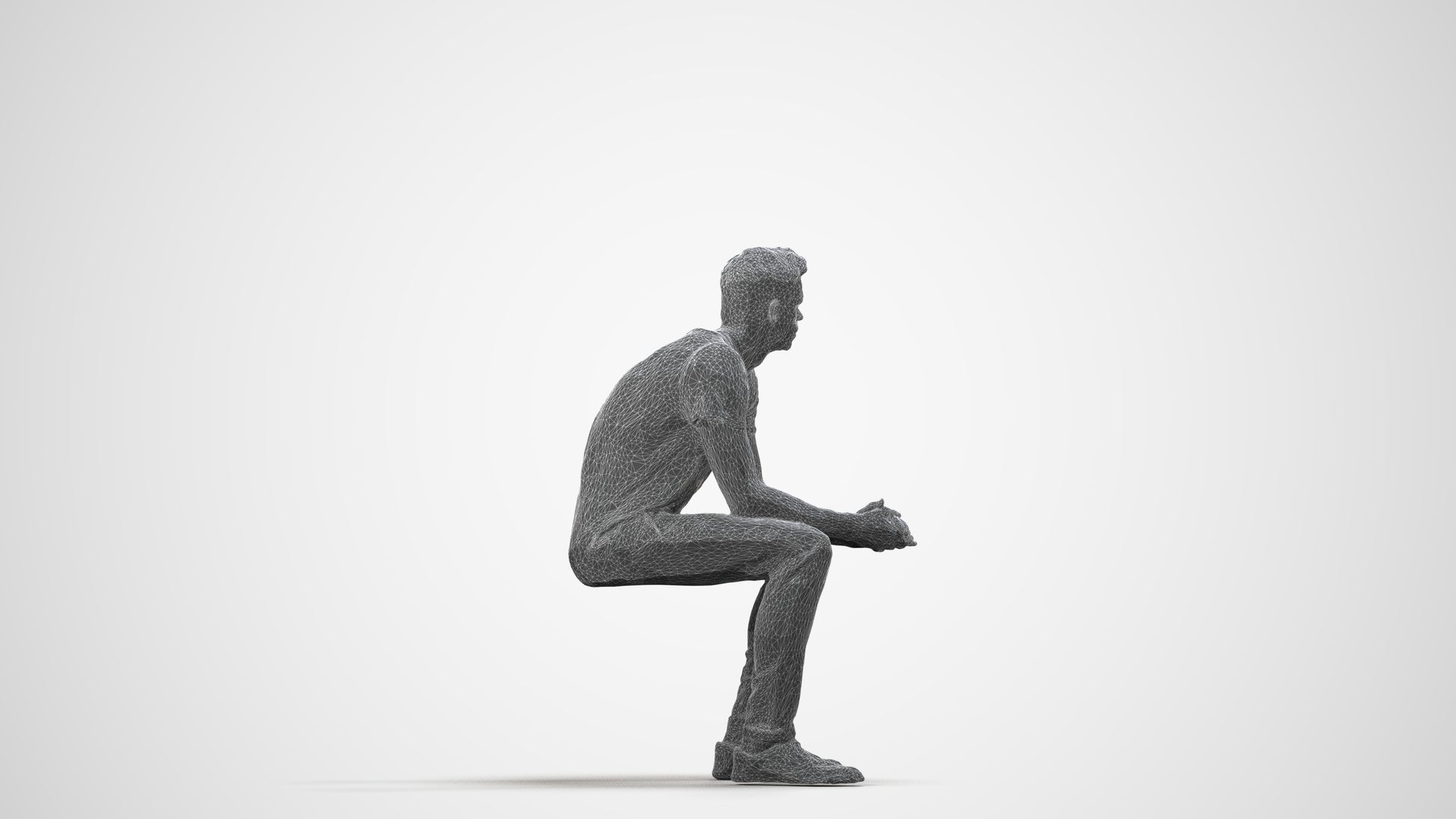 realistic 3D man casual sitting, scanned archviz people for Blender and 3ds Max, wireframe side view