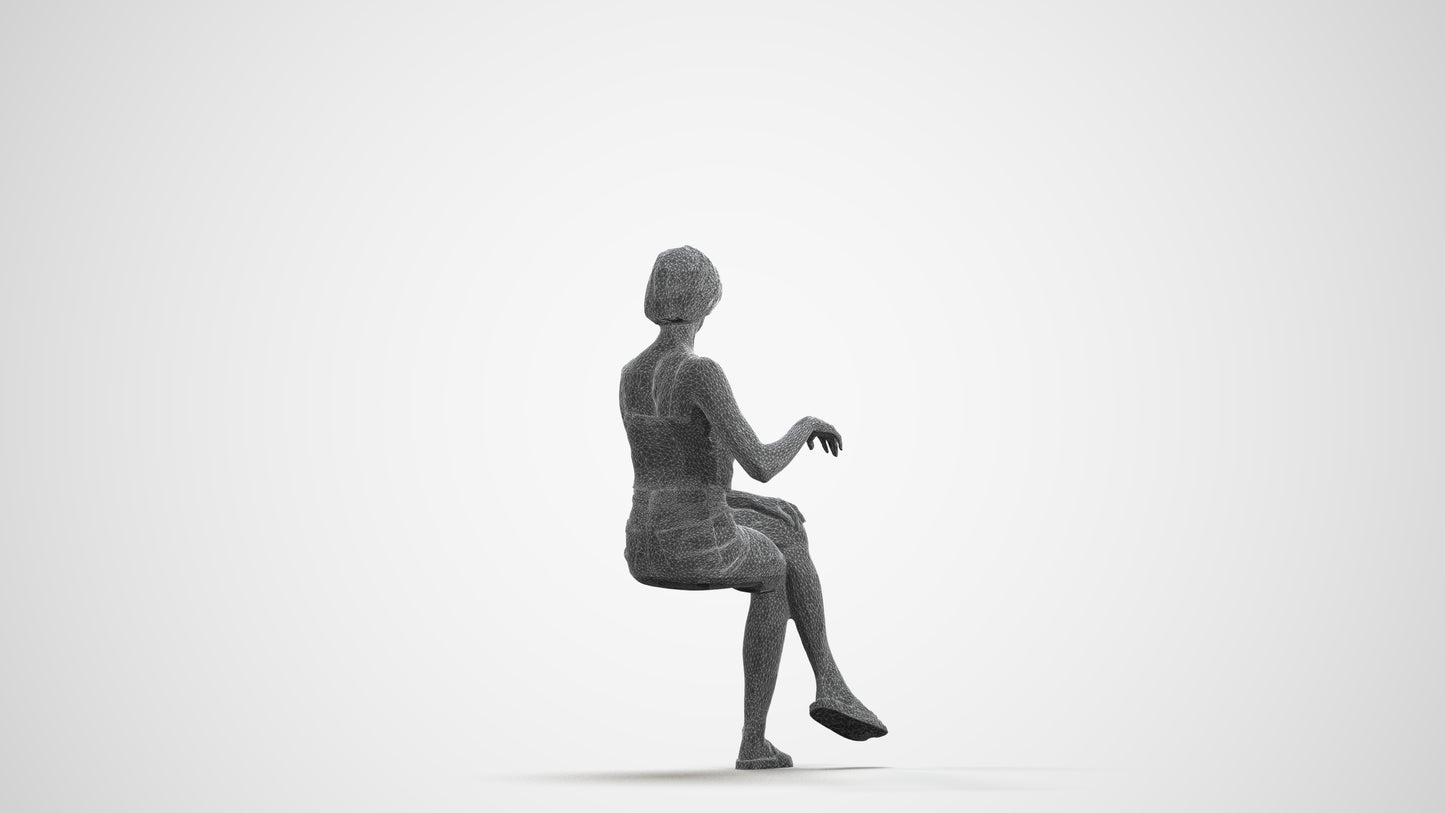 3D human model woman casual sitting, photogrammetry scanned person for archviz, wireframe front view