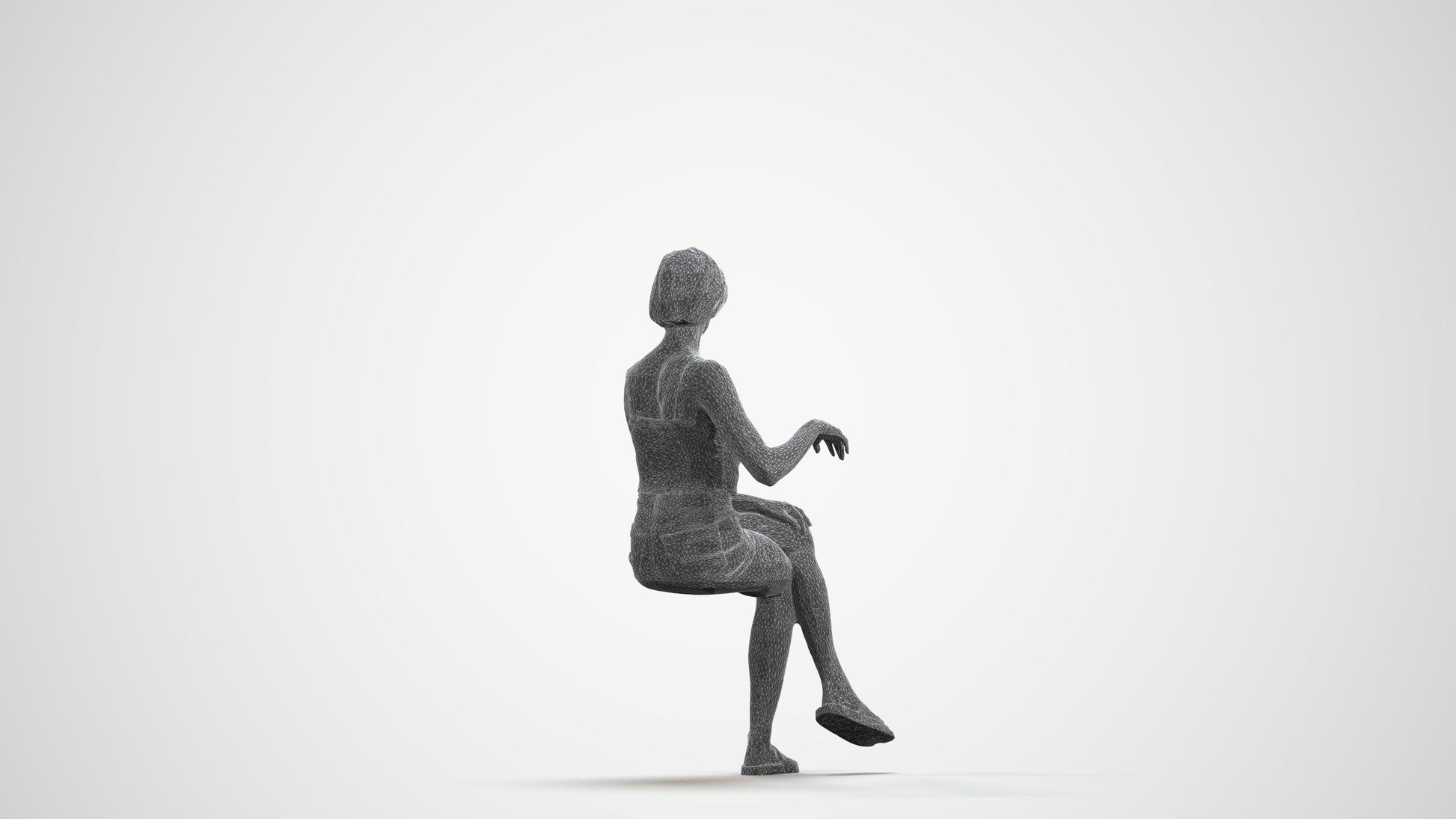 3D human model woman casual sitting, photogrammetry scanned person for archviz, wireframe front view