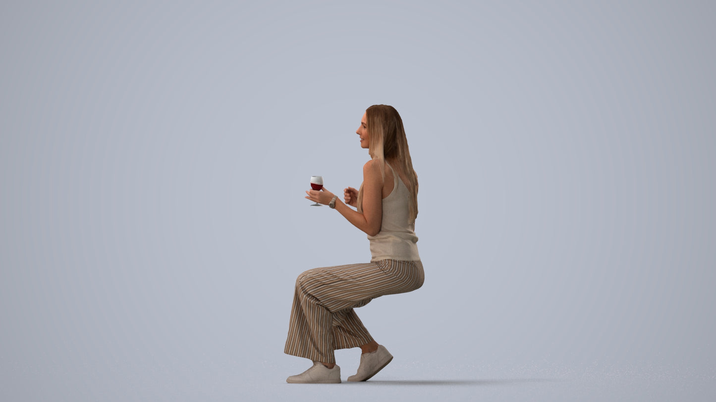 3D people model woman casual sitting, scanned human for 3ds Max rendering, three-quarter view render