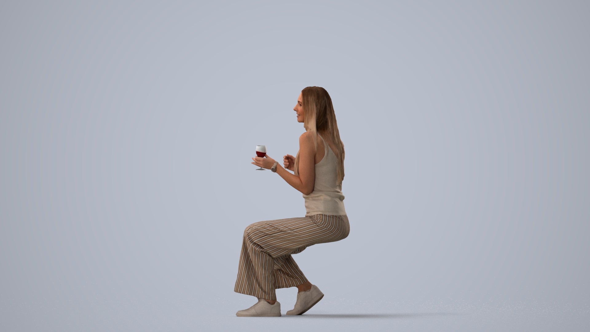 3D people model woman casual sitting, scanned human for 3ds Max rendering, three-quarter view render