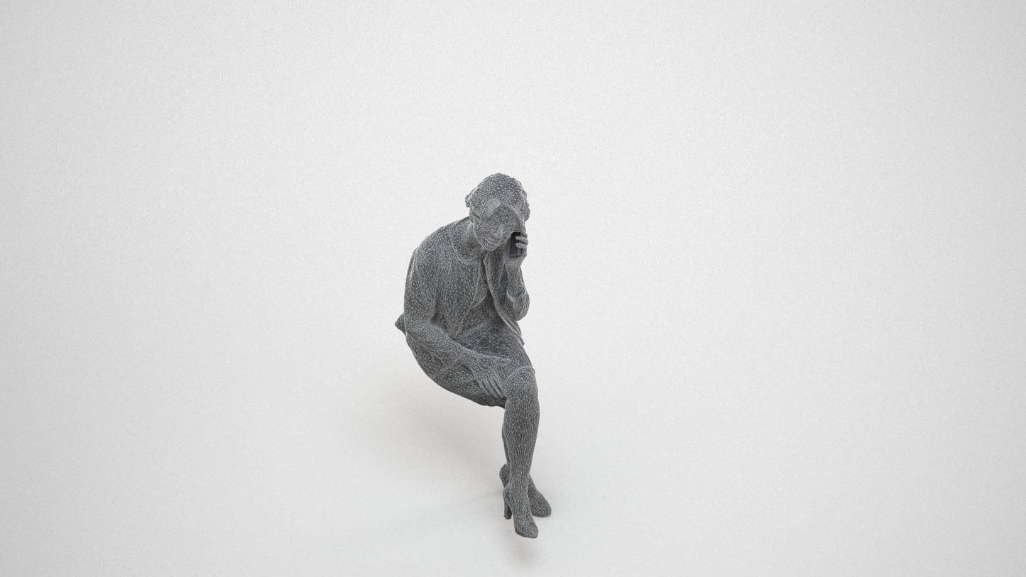photogrammetry 3D woman business sitting, realistic human model archviz FBX, wireframe three-quarter view