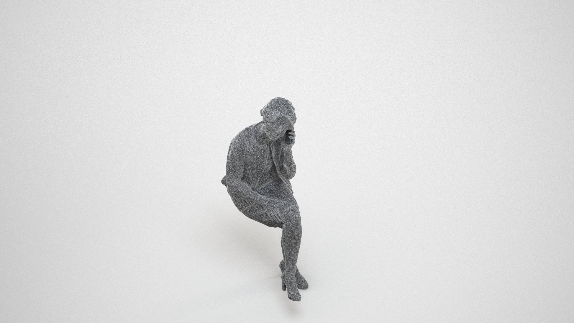 photogrammetry 3D woman business sitting, realistic human model archviz FBX, wireframe three-quarter view
