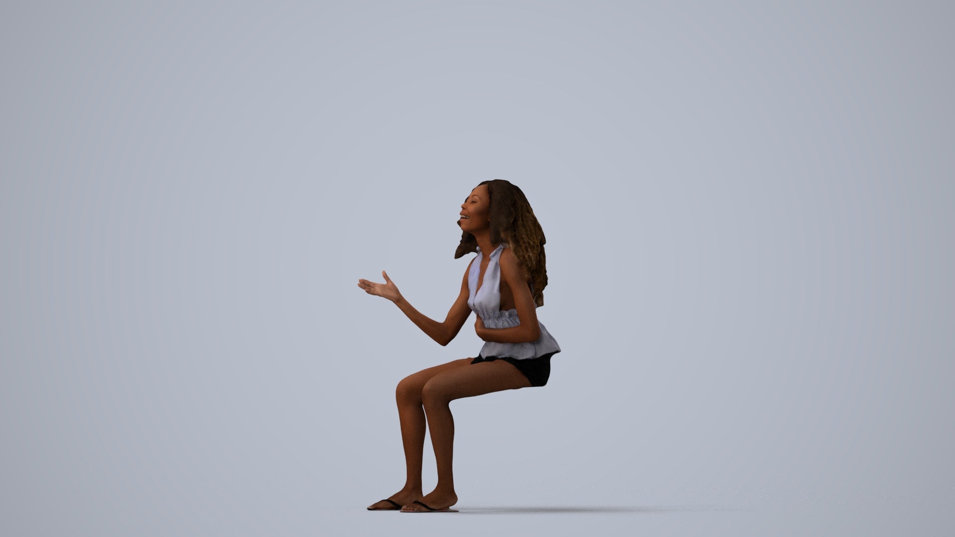 scanned 3D woman casual sitting, photogrammetry people for Enscape and V-Ray, three-quarter view render
