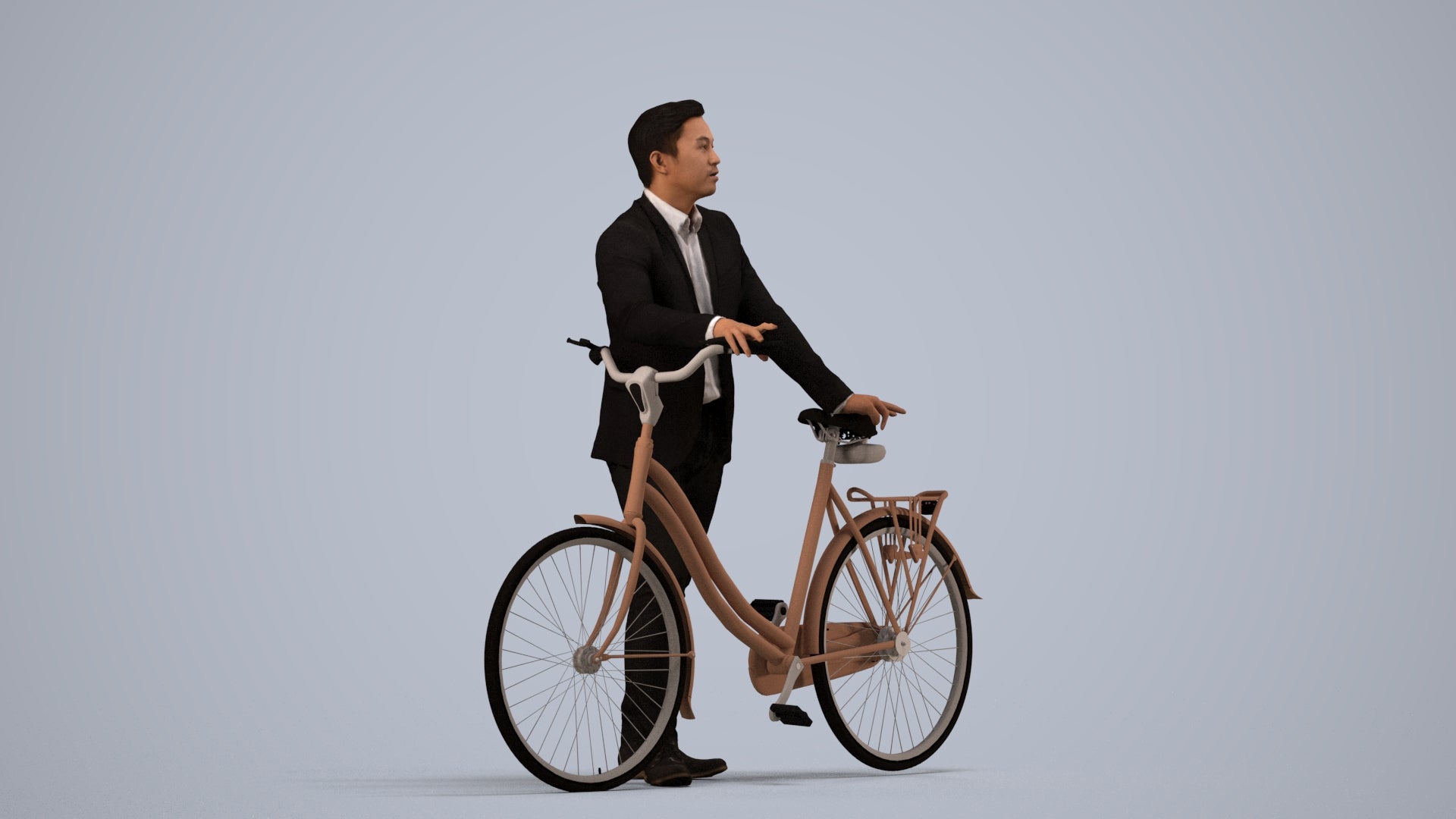 photogrammetry 3D man business cycling, realistic human model archviz FBX, side view render