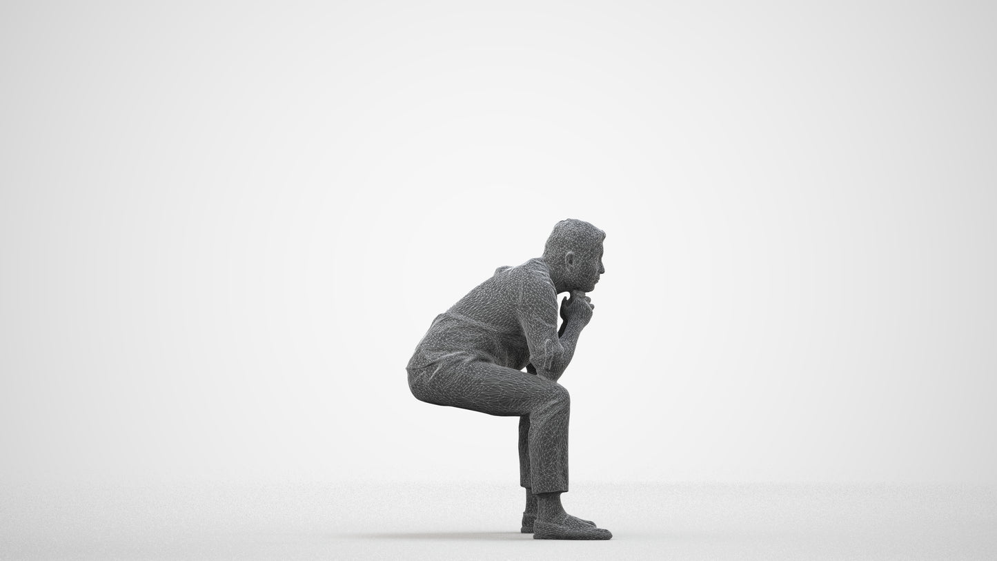 realistic 3D human man casual sitting, archviz people FBX OBJ for Blender, wireframe side view