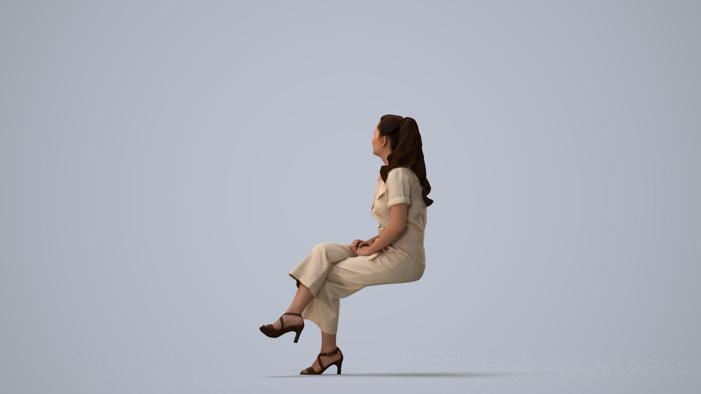 3D scanned woman sitting formal, photorealistic archviz people for Enscape and SketchUp, three-quarter view render