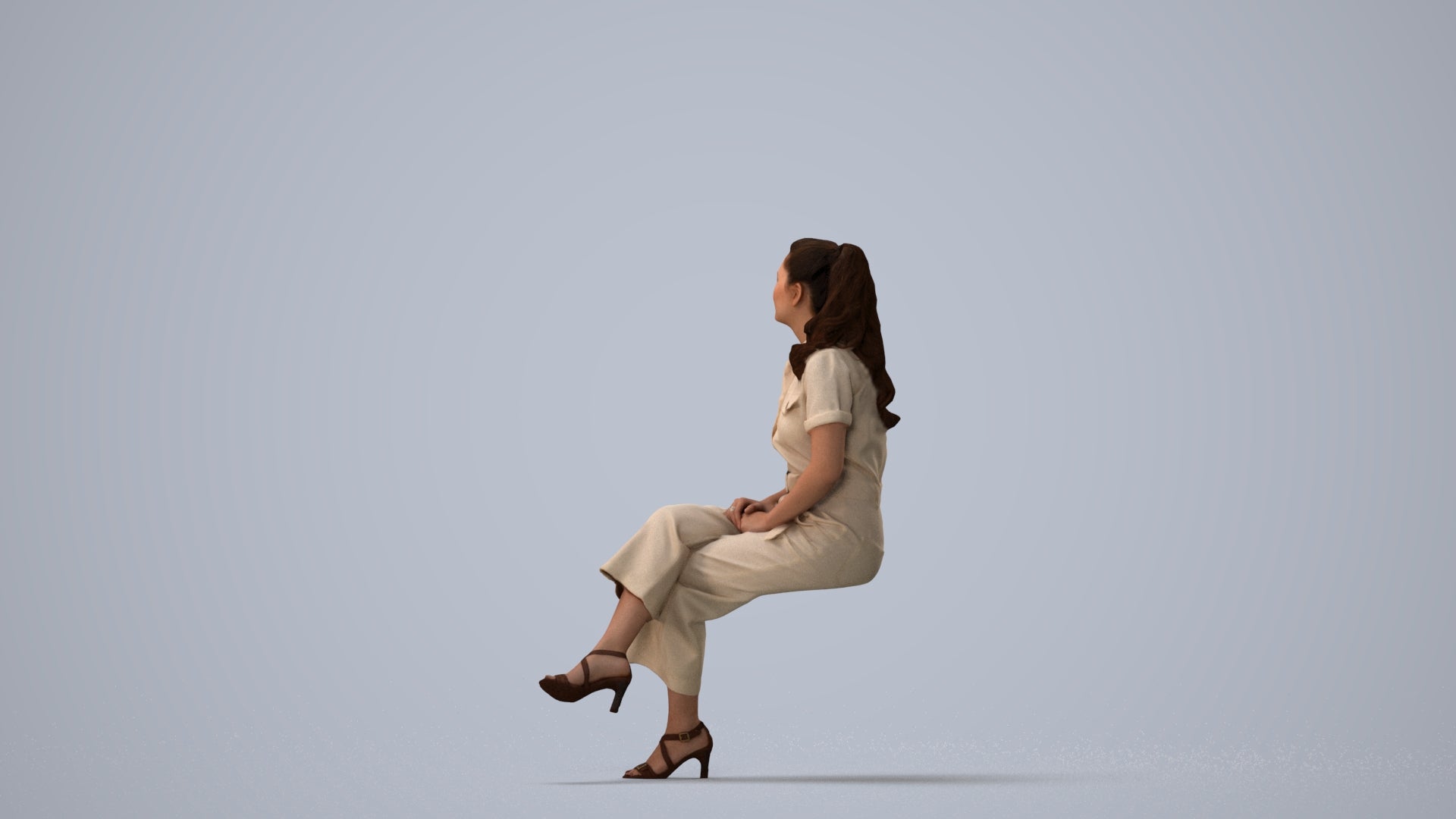 3D scanned woman sitting formal, photorealistic archviz people for Enscape and SketchUp, three-quarter view render