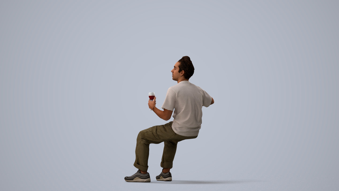 3D human model man casual sitting, photogrammetry scanned person for archviz, three-quarter view render