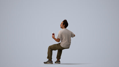3D human model man casual sitting, photogrammetry scanned person for archviz, three-quarter view render