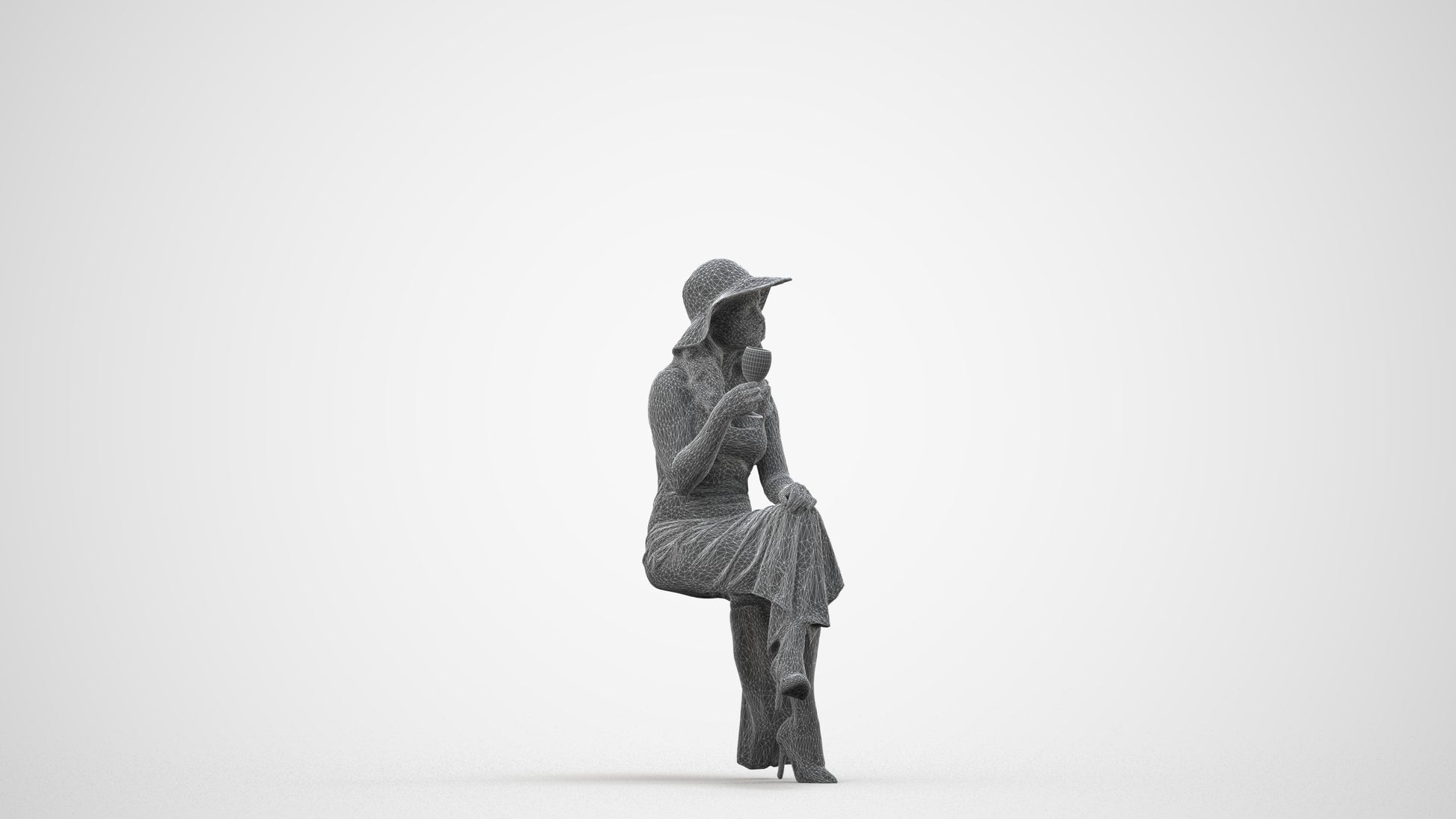 3D human model woman casual sitting, photogrammetry scanned person for archviz, wireframe side view