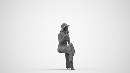 3D human model woman casual sitting, photogrammetry scanned person for archviz, wireframe side view