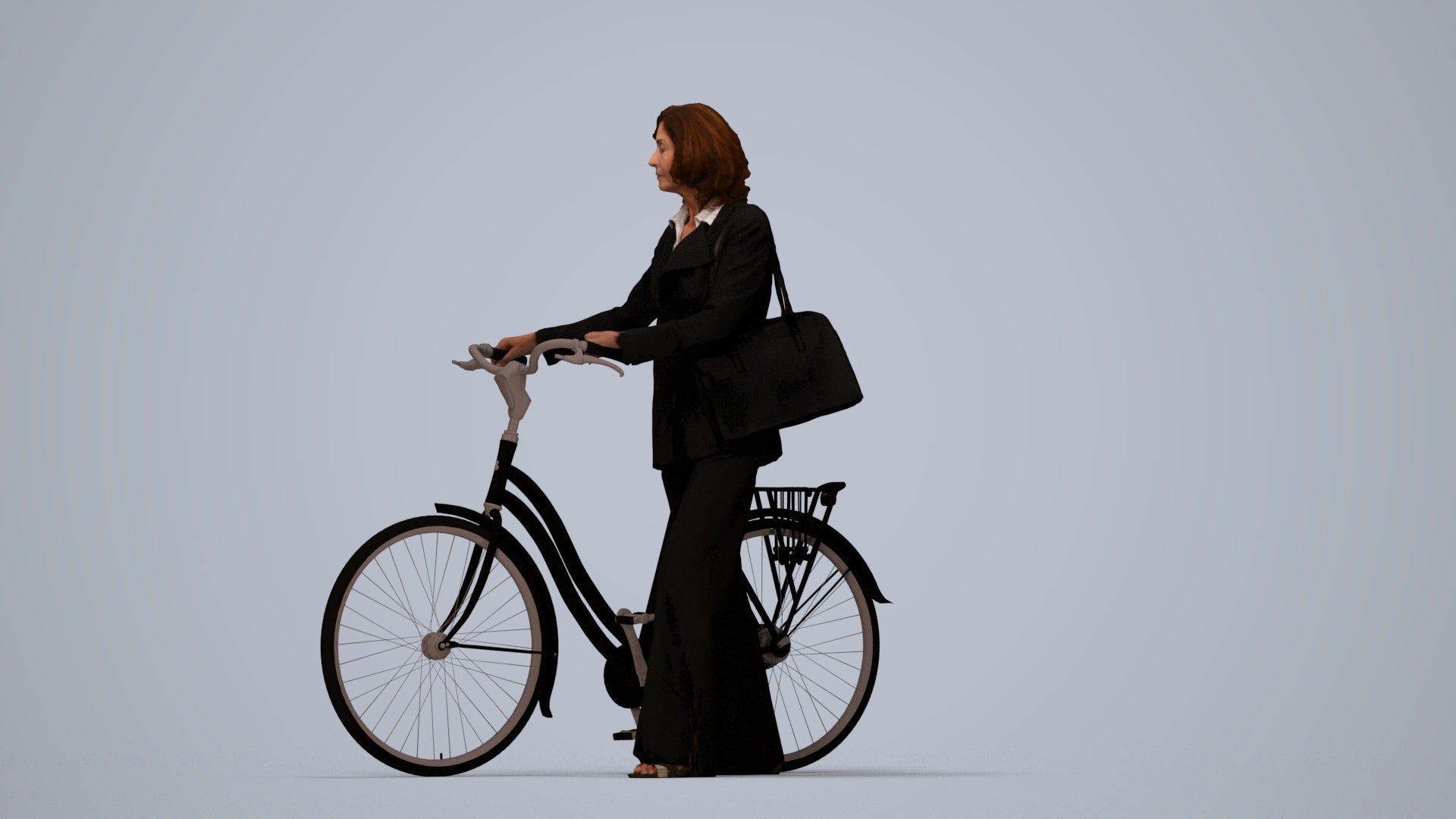 3D scanned senior woman cycling business, photorealistic archviz people for Enscape and SketchUp, top-down view render