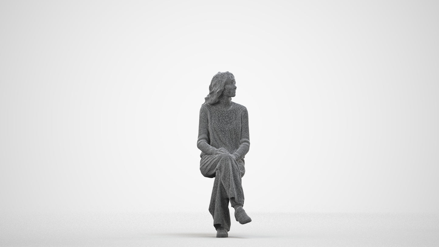 3D human model woman casual sitting, photogrammetry scanned person for archviz, wireframe side view