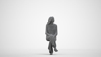 3D human model woman casual sitting, photogrammetry scanned person for archviz, wireframe side view