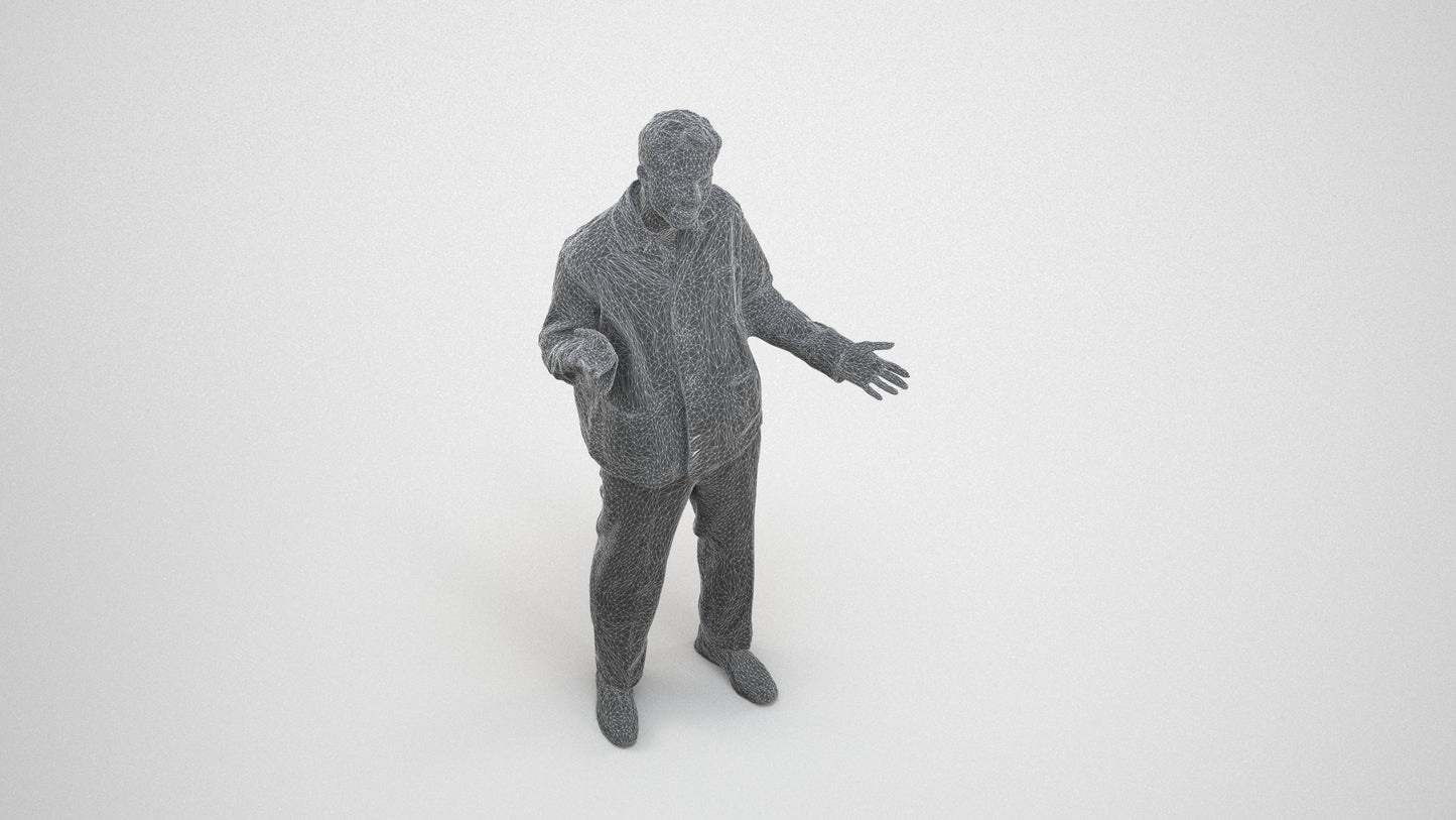 realistic 3D man casual standing, scanned archviz people for Blender and 3ds Max, wireframe three-quarter view