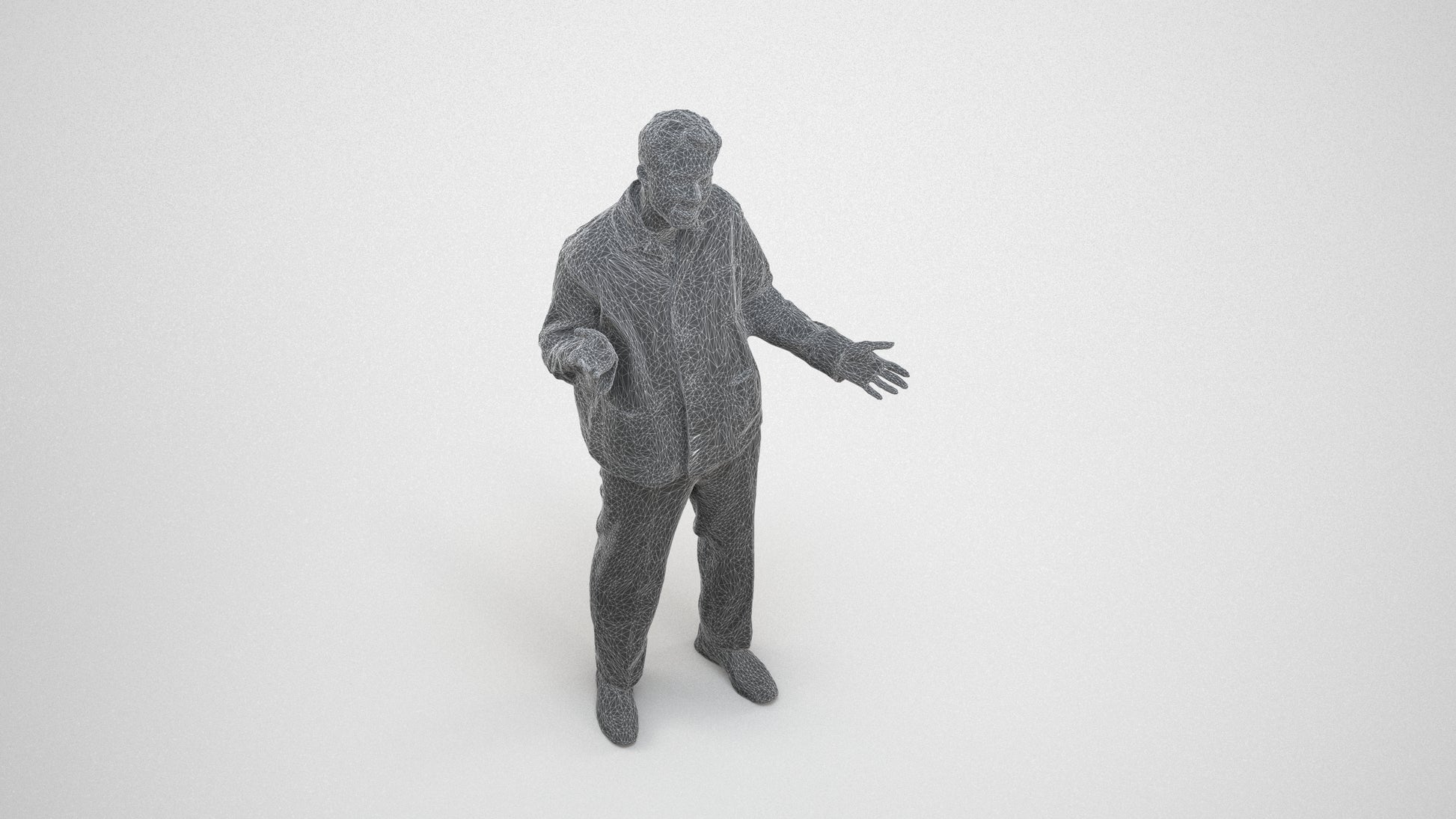 realistic 3D man casual standing, scanned archviz people for Blender and 3ds Max, wireframe three-quarter view