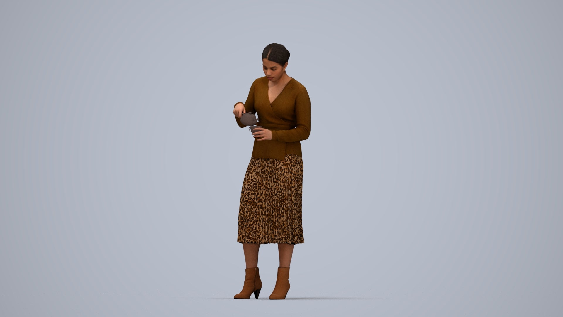 realistic 3D woman casual standing, scanned archviz people for Blender and 3ds Max, top-down view render