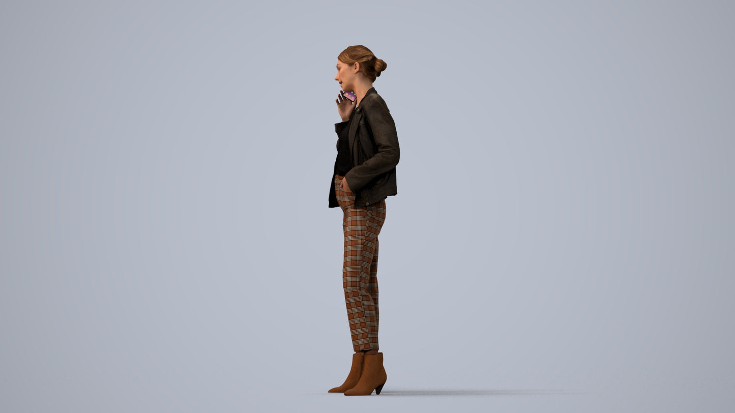3D scanned woman standing business, photorealistic archviz people for Enscape and SketchUp, three-quarter view render